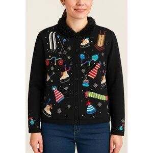 Vintage Berek Ugly Christmas Sweater L Winter Ski Ice Skate Scarf Embellished